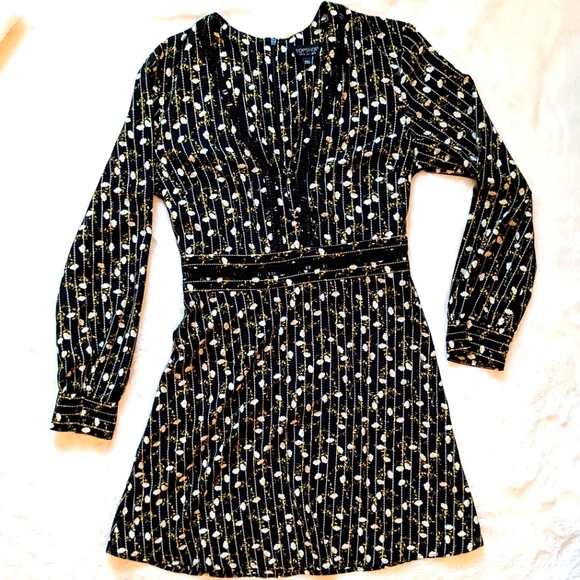 TOPSHOP Perforated Cutouts Vneck Long-sleeved Pinstripe Floral Dress 4 EUC - Picture 1 of 8